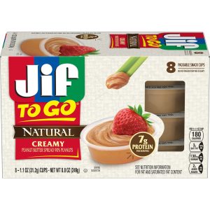 Jif To Go Natural Creamy Peanut Butter Spread, 8 Cups, 1.1 oz Each - Image 1